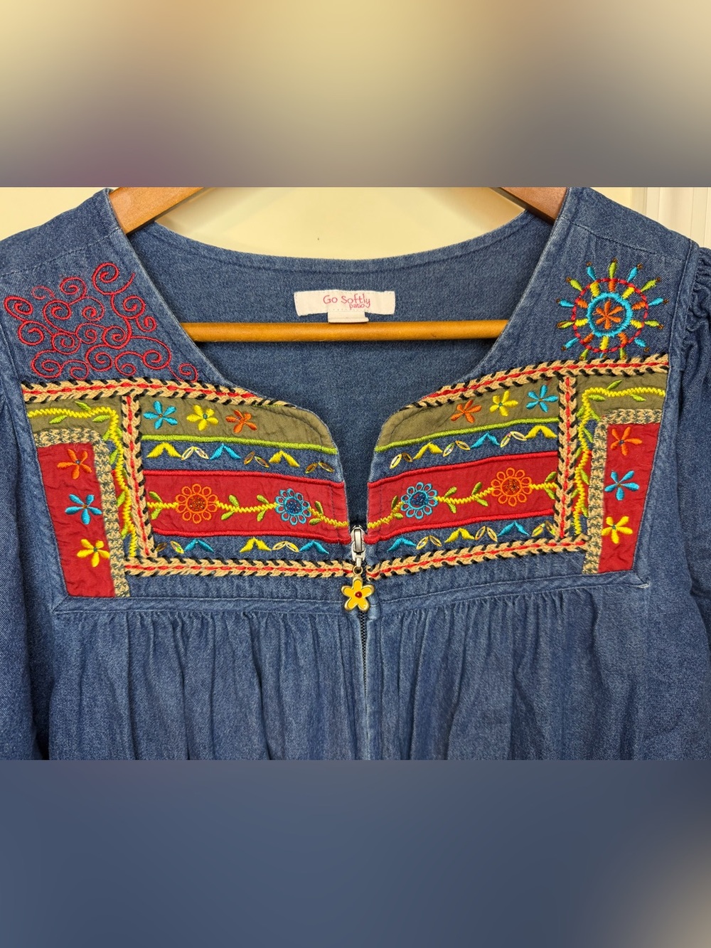 Go Softly Patio Denim Embroidered House Dress Muumuu Lounger Size - Picture 6 of 7